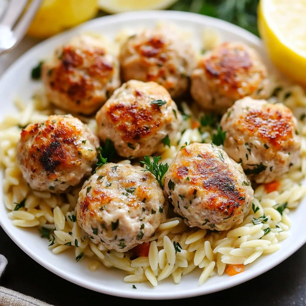 Greek Chicken Meatballs with Lemon Orzo
