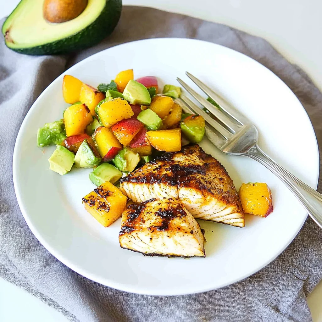 Grilled Mahi Mahi with Grilled Avocado Peach Salsa