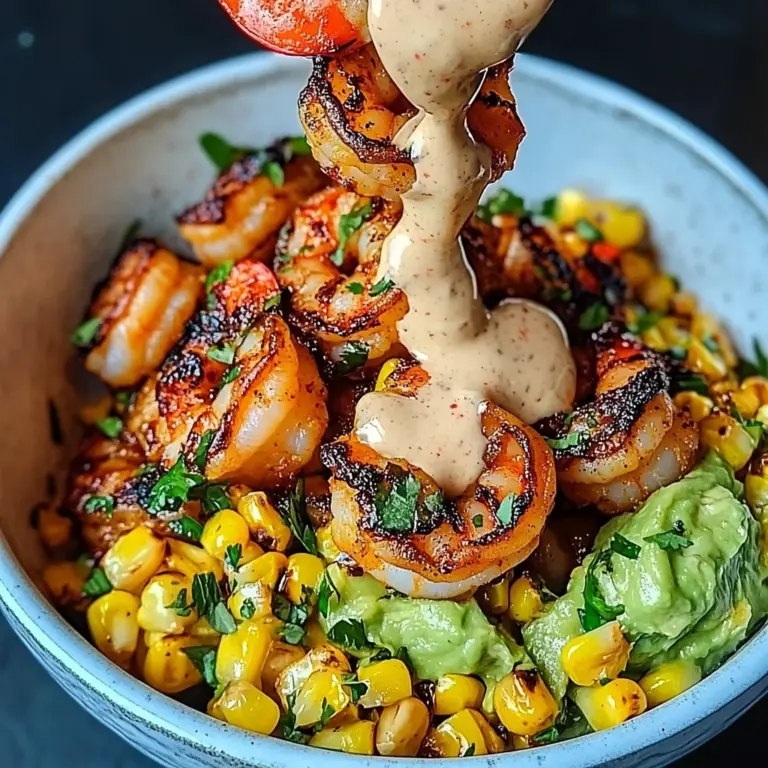 Grilled Shrimp Bowl with Avocado, Corn Salsa & Creamy Sauce