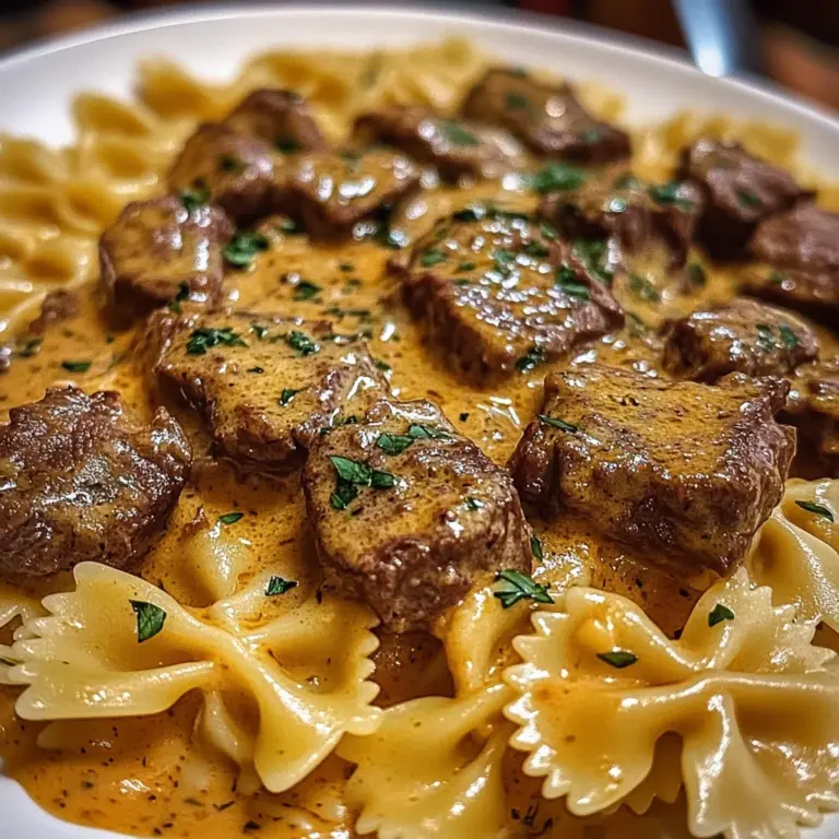 Beef and Bowtie Pasta in Cheddar Sauce