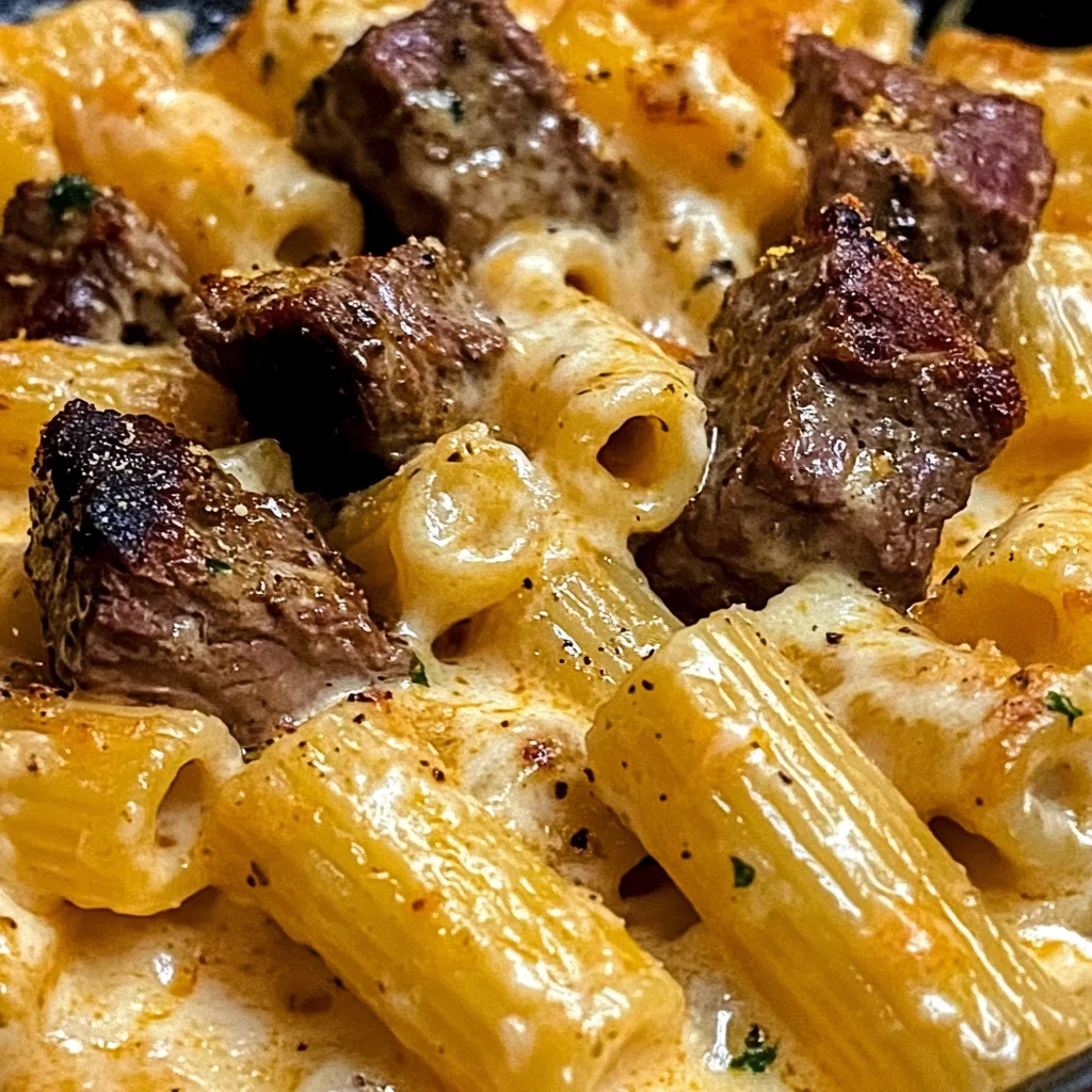 Cajun Steak Tips in Cheesy Rigatoni Parmesan Sauce