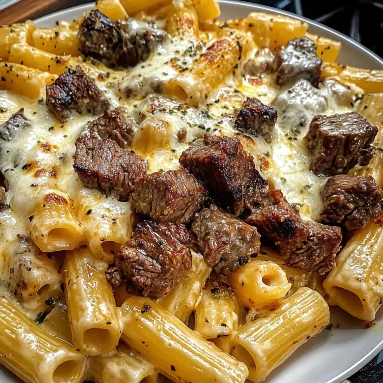 Cheesy Beef Rigatoni in Garlic Cream Sauce