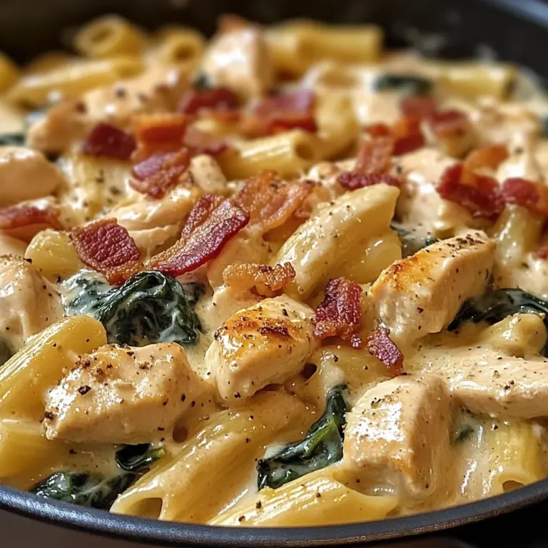 Creamy Chicken Pasta with Spinach, Bacon, and Cheese