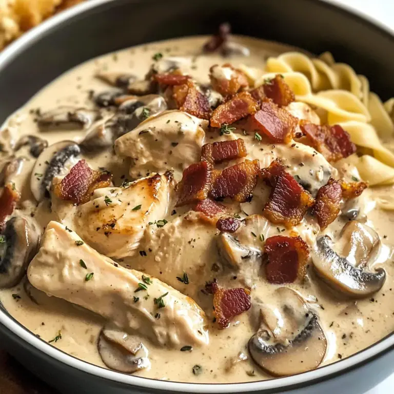 Creamy Slow Cooker Chicken Bacon Stroganoff with Mushrooms & Herbed Noodles