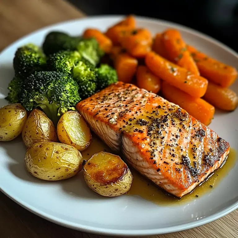 Garlic Butter Salmon with Roasted Potatoes, Glazed Carrots & Steamed Broccoli