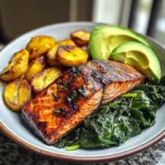 Glazed Salmon with Plantains, Spinach & Avocado Bliss Bowl