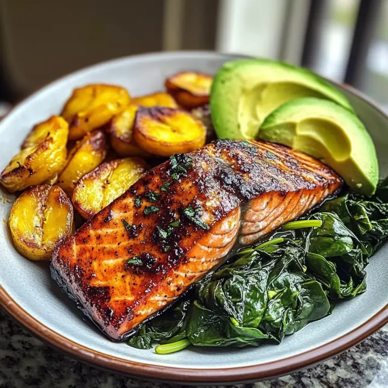Glazed Salmon with Plantains, Spinach & Avocado Bliss Bowl