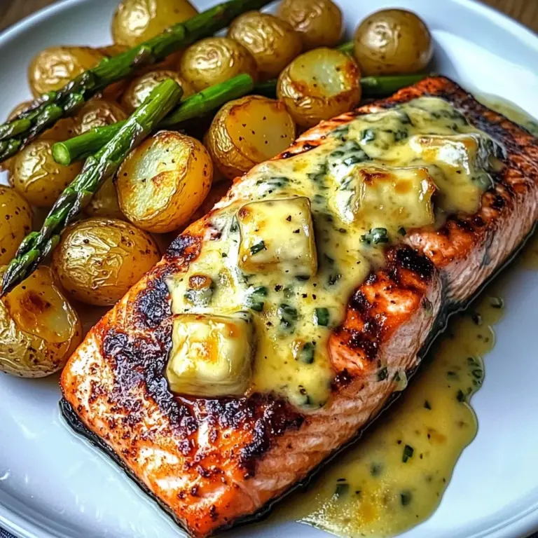 Grilled Salmon with Garlic Potatoes & Cheesy Asparagus