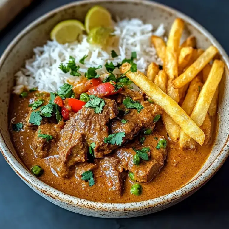 Slow-Cooked Beef Coconut Curry with Rice & Crispy Fries