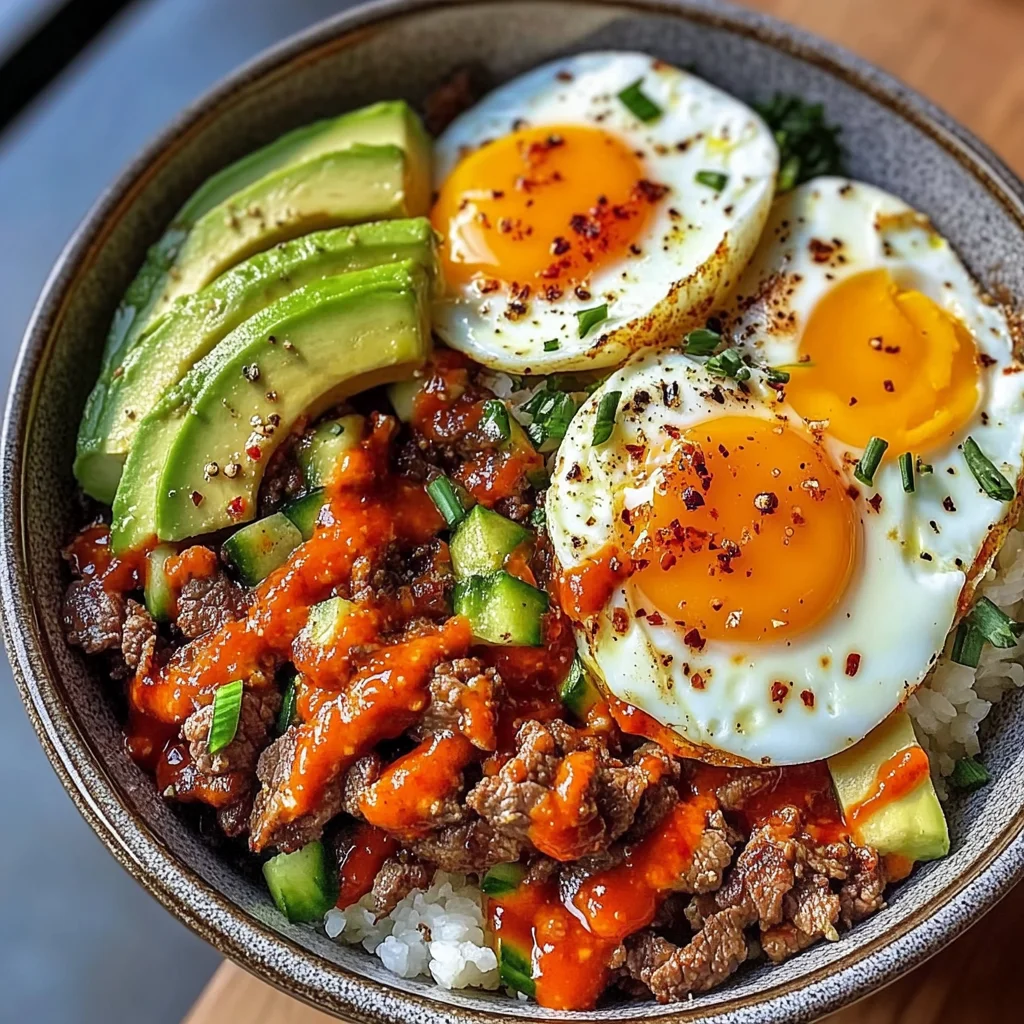 Spicy Avocado & Beef Protein Bowl with Fried Eggs