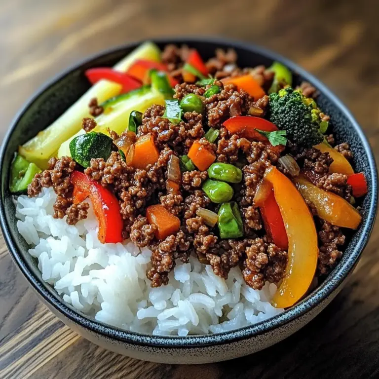 Spicy Ground Beef Stir-Fry Bowl with Garlic Veggies & Steamy Rice
