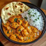 Butter Chicken with Coriander, Rice, and Naan