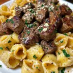 Creamy Garlic Parmesan Steak Bites with Shell Pasta