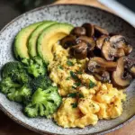 Creamy Scrambled Eggs with Avocado, Sautéed Mushrooms & Broccoli