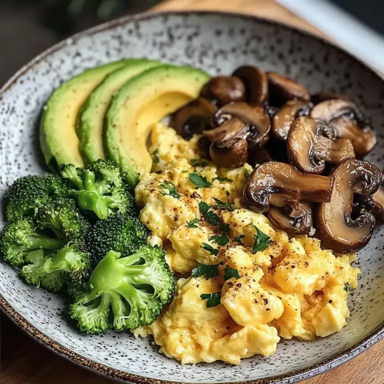 Creamy Scrambled Eggs with Avocado, Sautéed Mushrooms & Broccoli