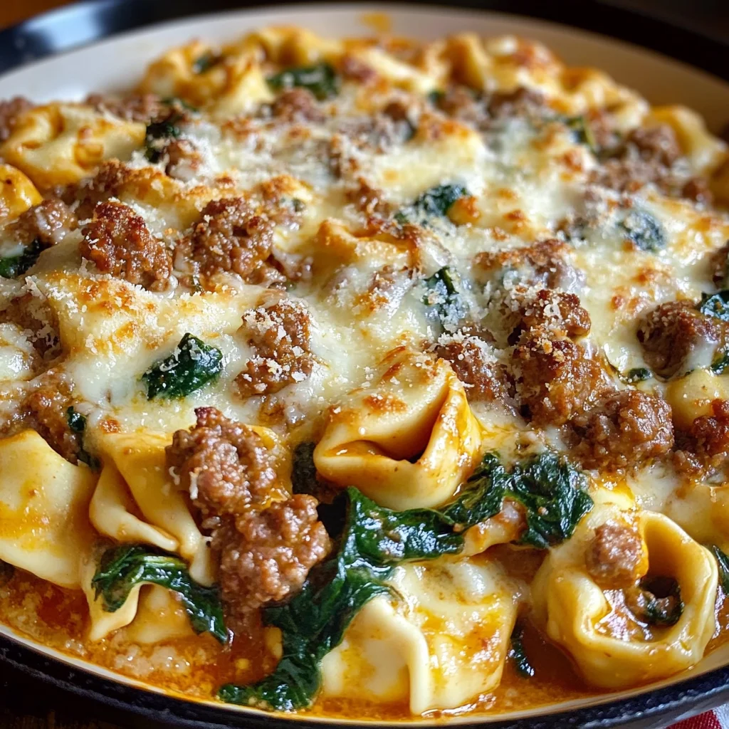 Creamy Tortellini Pasta with Beef, Spinach & Italian Sausage