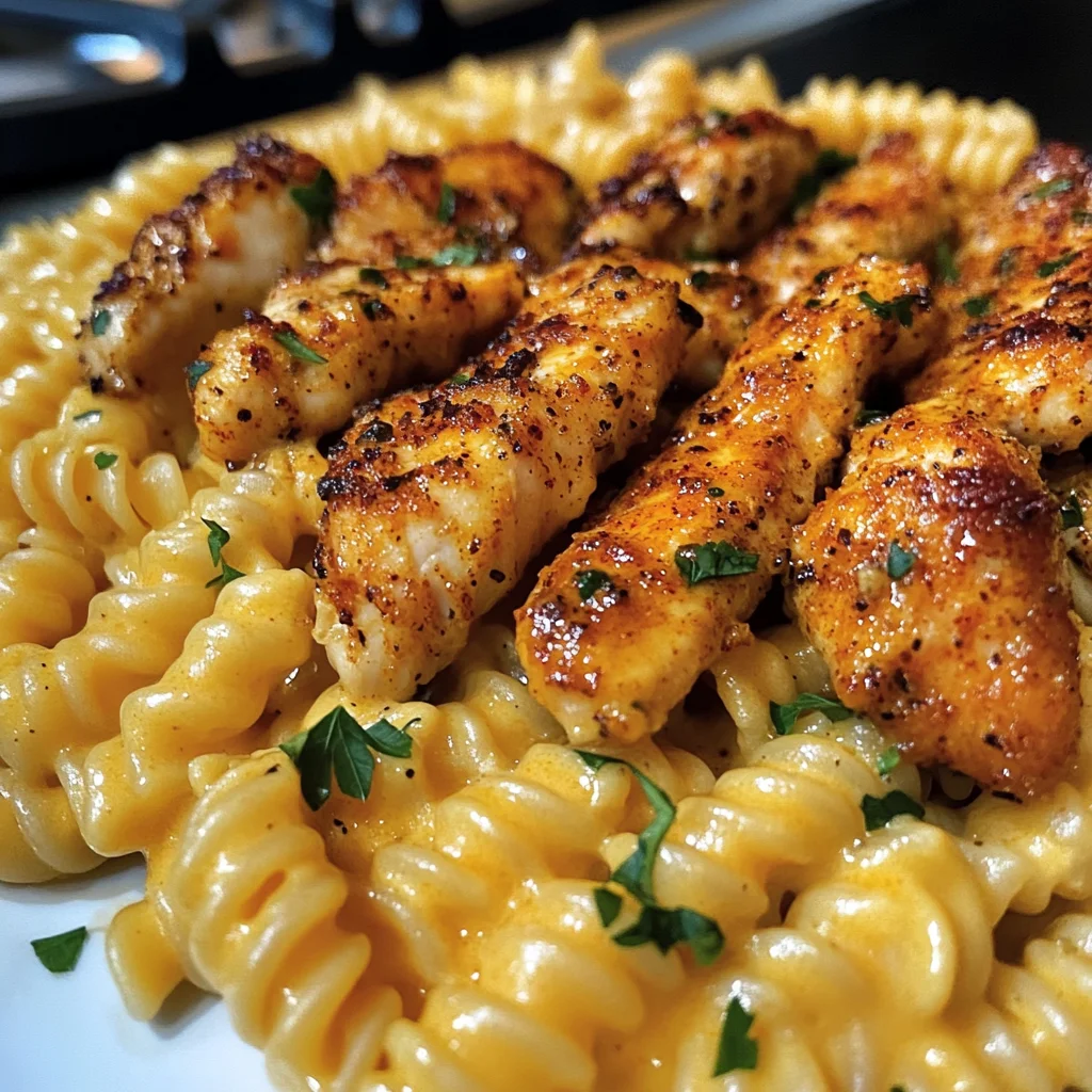 Creamy Velveeta Rotini with Cajun Garlic Chicken Strips