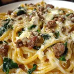 Garlic Butter Cheesy Linguine with Beef, Sausage and Spinach