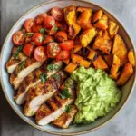 Grilled Chicken Power Bowl with Spiced Sweet Potato Wedges & Avocado Cream