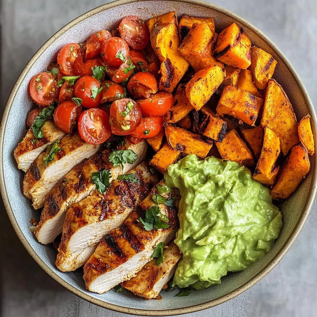 Grilled Chicken Power Bowl with Spiced Sweet Potato Wedges & Avocado Cream
