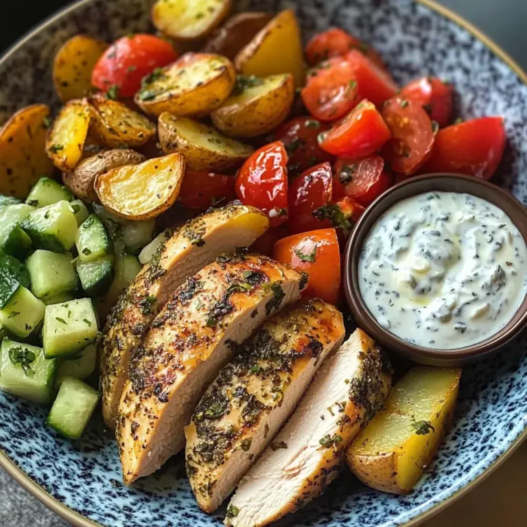 Herb Chicken with Roasted Potatoes, Tomato Salad & Yogurt Dip