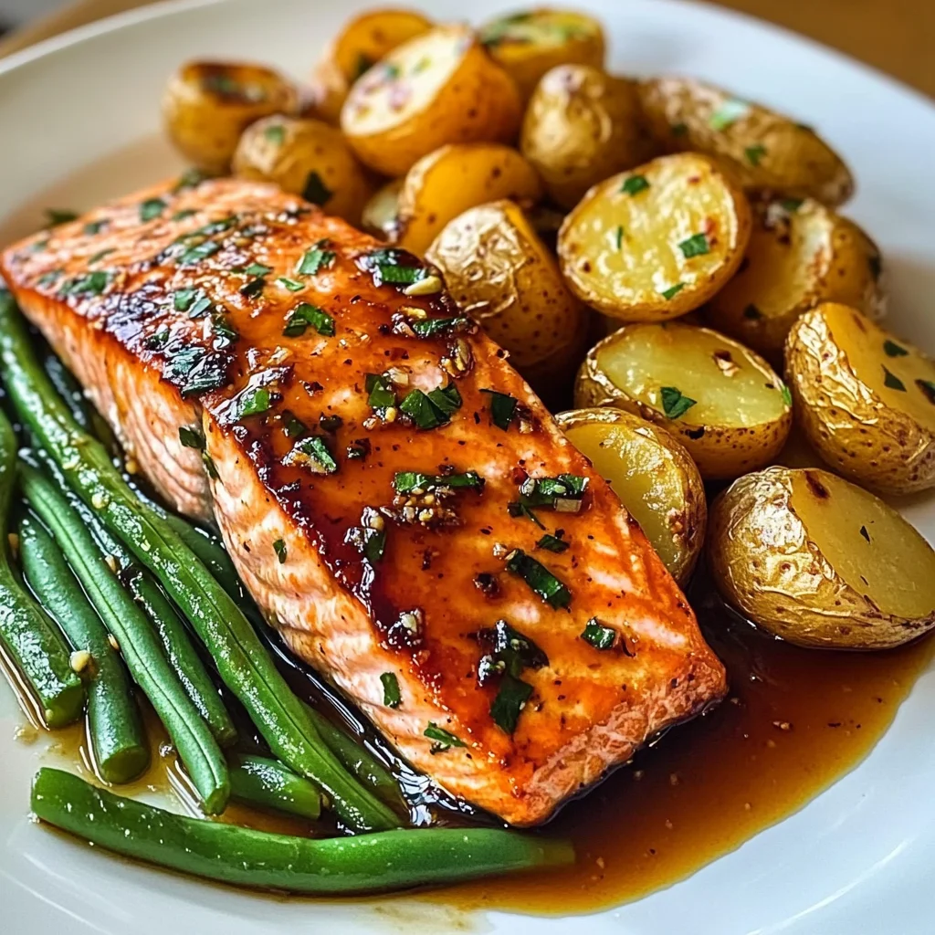 Honey-Glazed Salmon with Garlic Green Beans & Crispy Potatoes