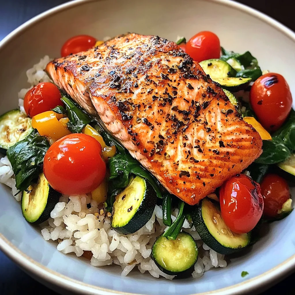 Pan-Seared Salmon on Garlic Veggie Rice Bowl