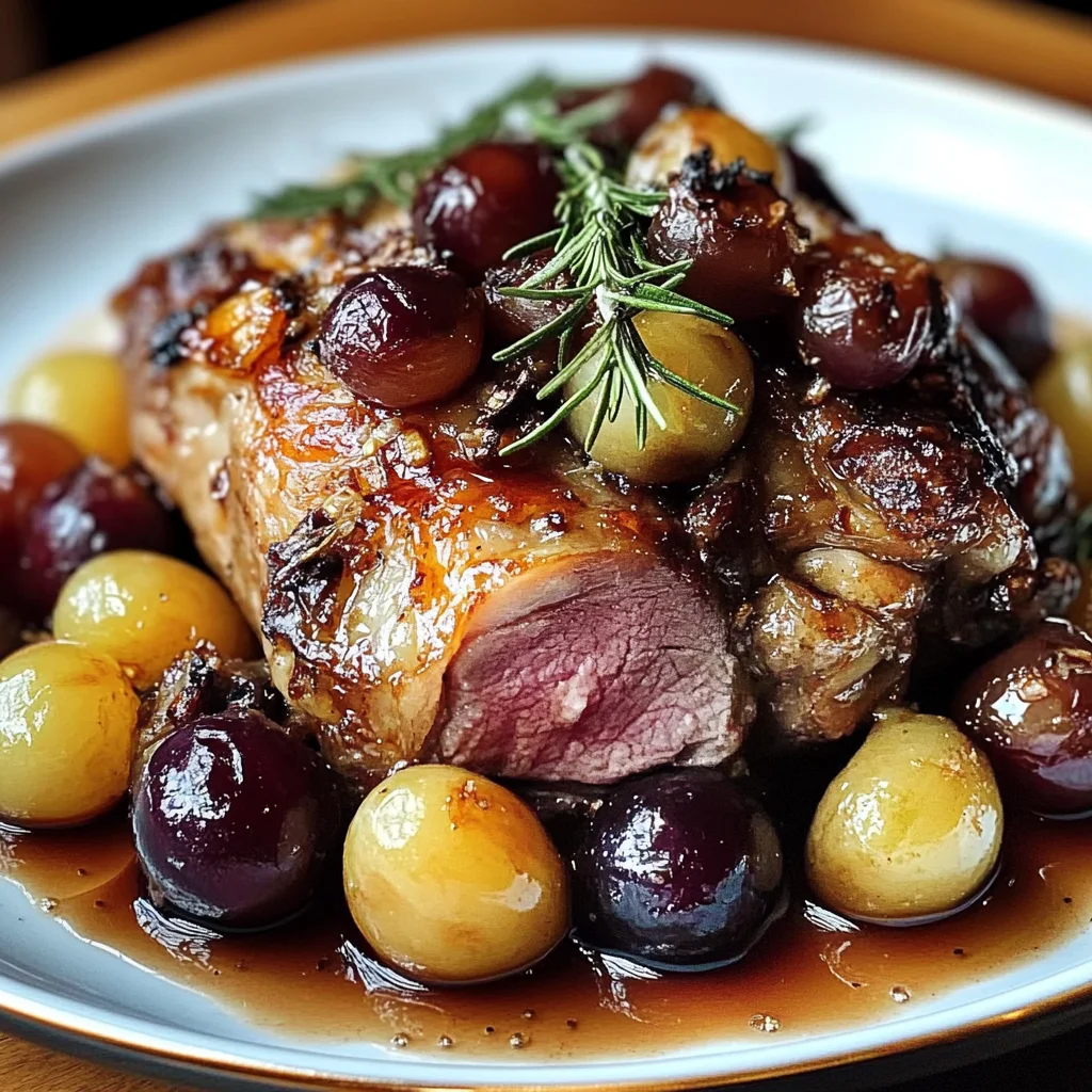 Slow-Roasted Lamb Shoulder with Rosemary, Garlic Cream & Caramelized Grapes
