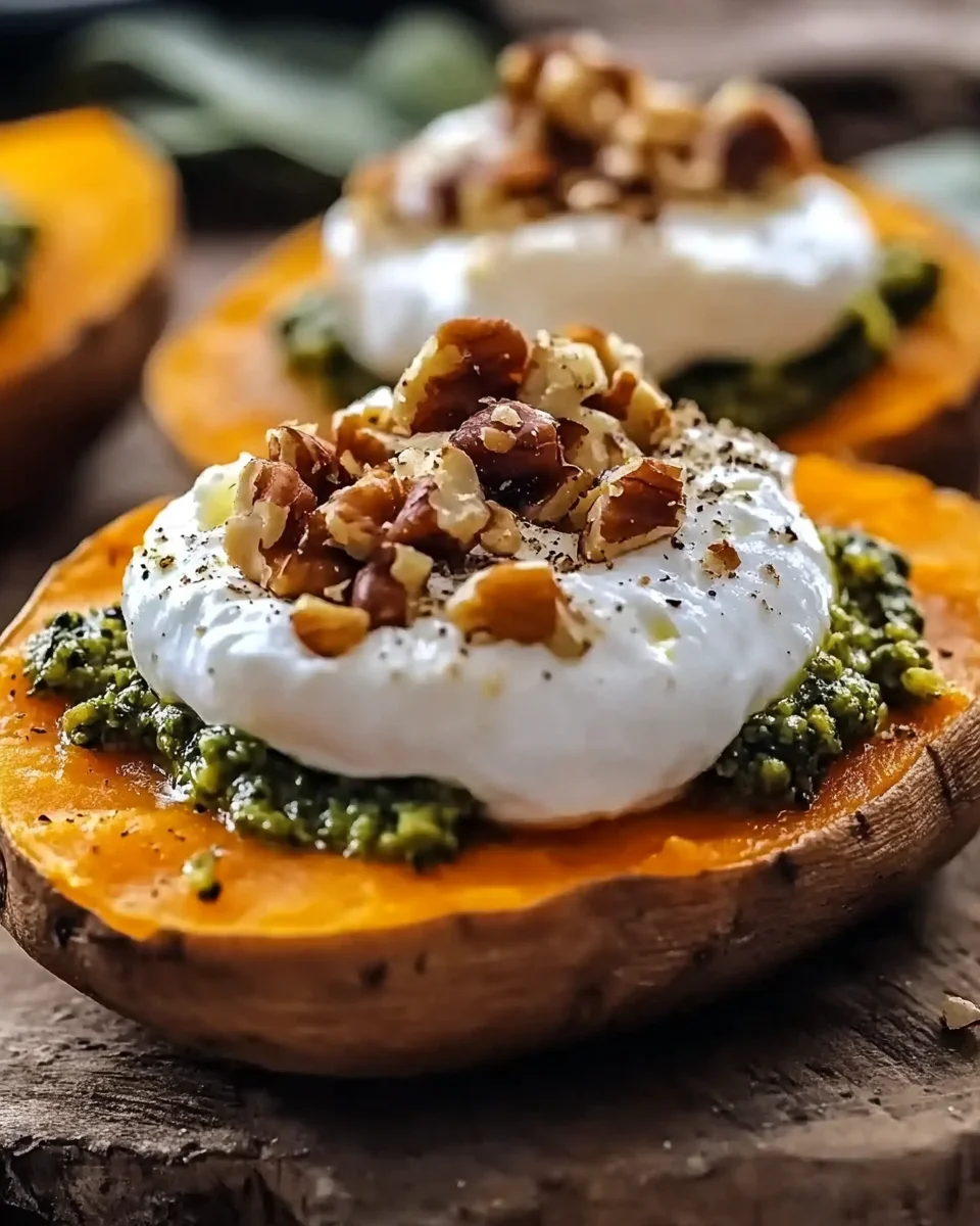 Stuffed Sweet Potatoes with Burrata, Toasted Walnuts & Sage Pesto