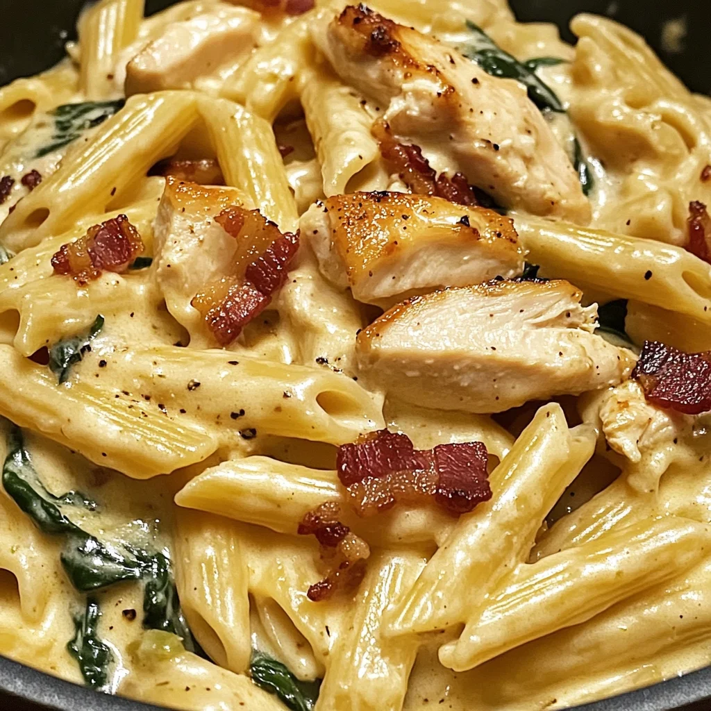 Creamy Garlic Chicken Bacon Penne with Spinach