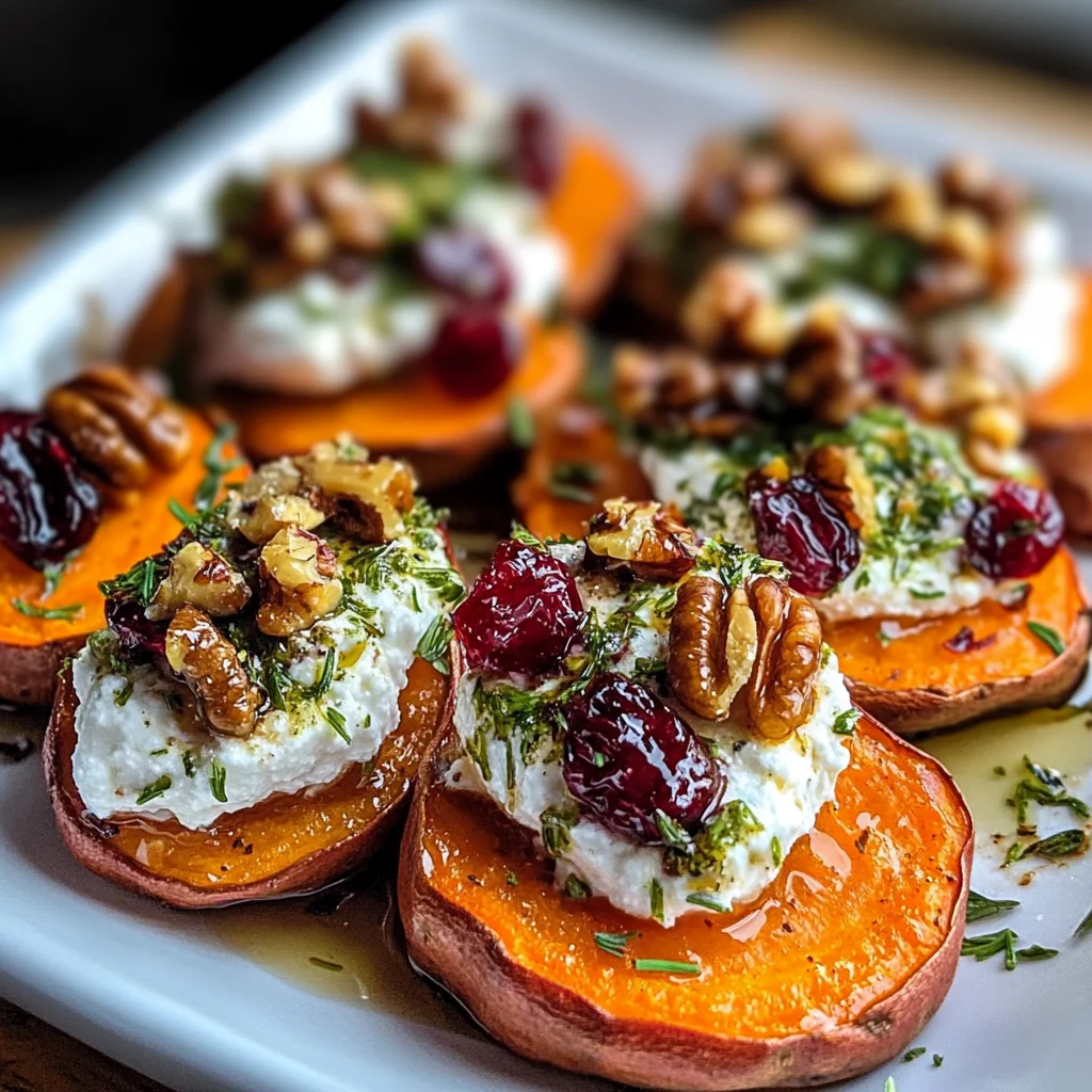 Roasted Sweet Potato Rounds with Herbed Ricotta, Walnuts, and Cranberries