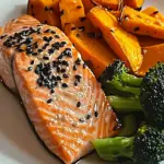 Sesame Glazed Salmon with Sweet Potato Wedges & Broccoli