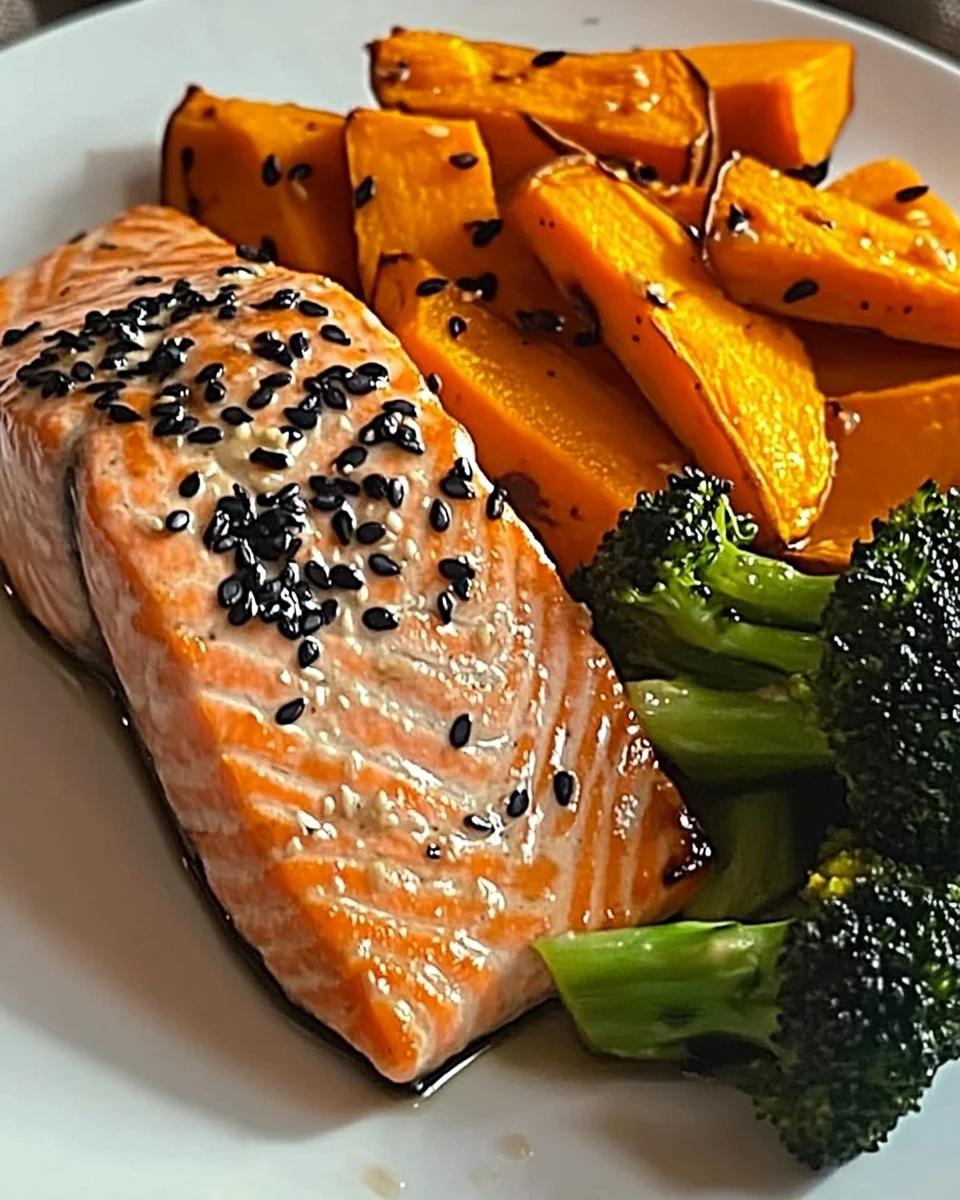 Sesame Glazed Salmon with Sweet Potato Wedges & Broccoli