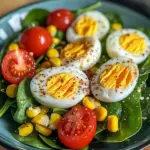 Spinach Salad with Soft-Boiled Eggs, Cherry Tomatoes, Corn & Creamy Dressing