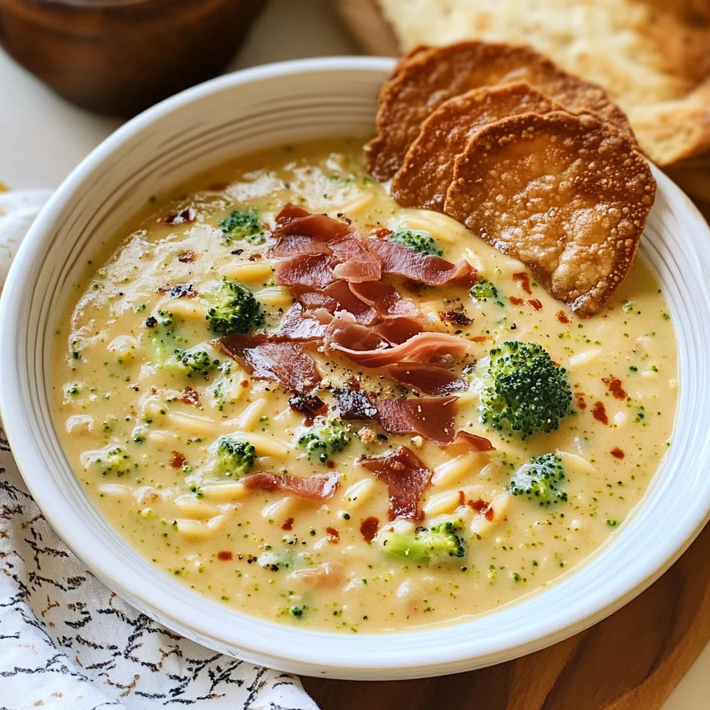 Broccoli Cheddar Orzo Soup with Crispy Prosciutto
