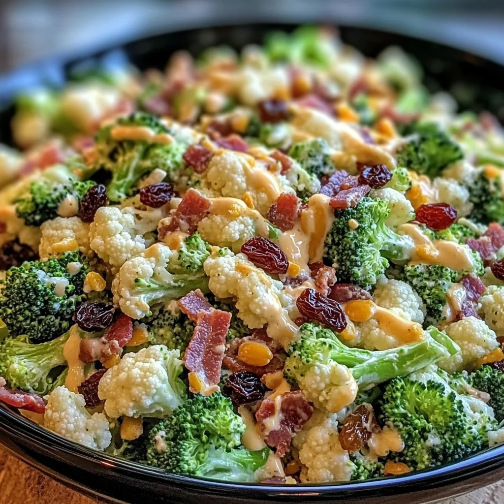Amish Broccoli Salad with Cauliflower, Turkey Bacon & Raisins