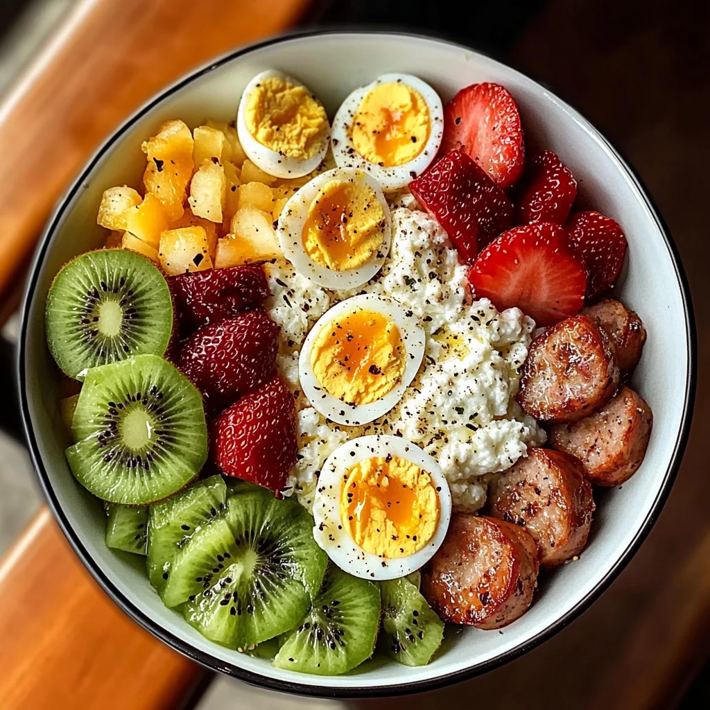 Colorful Cottage Cheese Breakfast Bowl with Soft-Boiled Eggs & Fruit