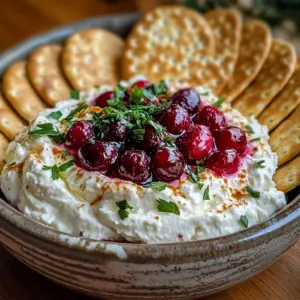 Cranberry whipped feta dip with crackers delights all!