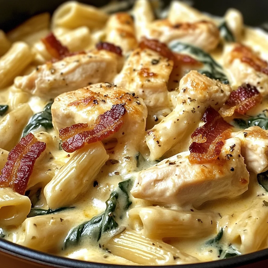 Creamy Chicken Pasta with Bacon, Spinach & Cheese