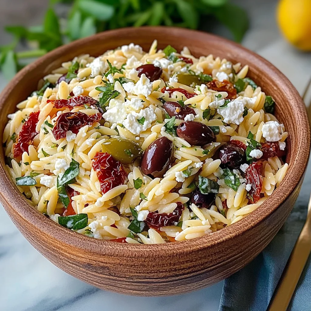 Homemade Orzo Pasta Salad with Feta and Sun Dried Tomatoes - flirtyfood