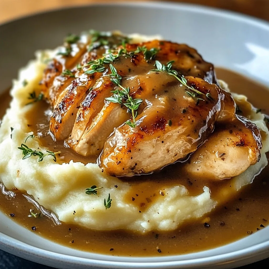 Chicken and Garlic Gravy with Cheesy Mashed Potatoes